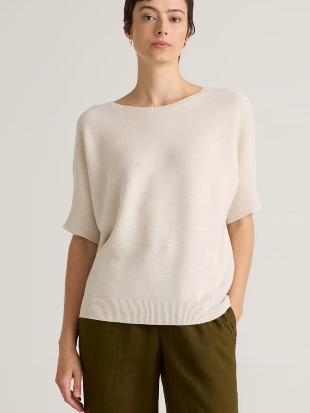 Quince Lightweight Cotton Cashmere Link-Stitch Dolman Sweater Bone Size XL